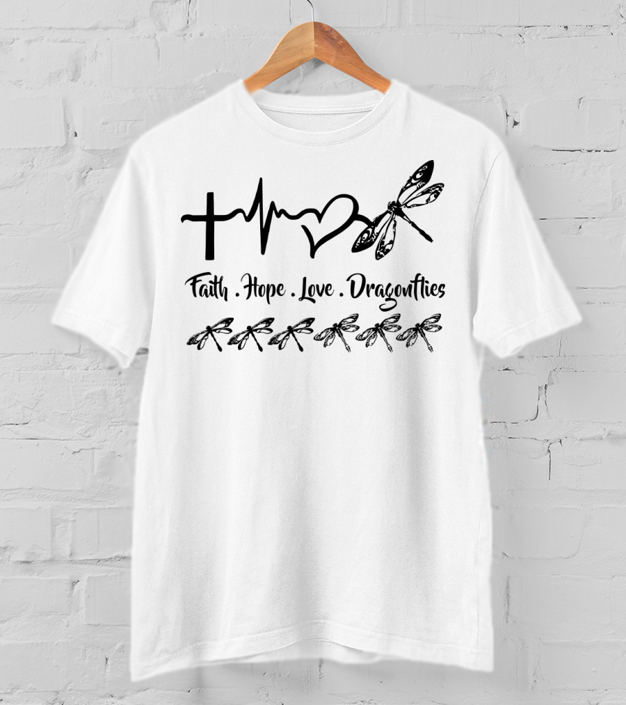 Faith Hope Love Dragonflies Cross Heartbeat Symbol Six Dragonflies T-Shirt