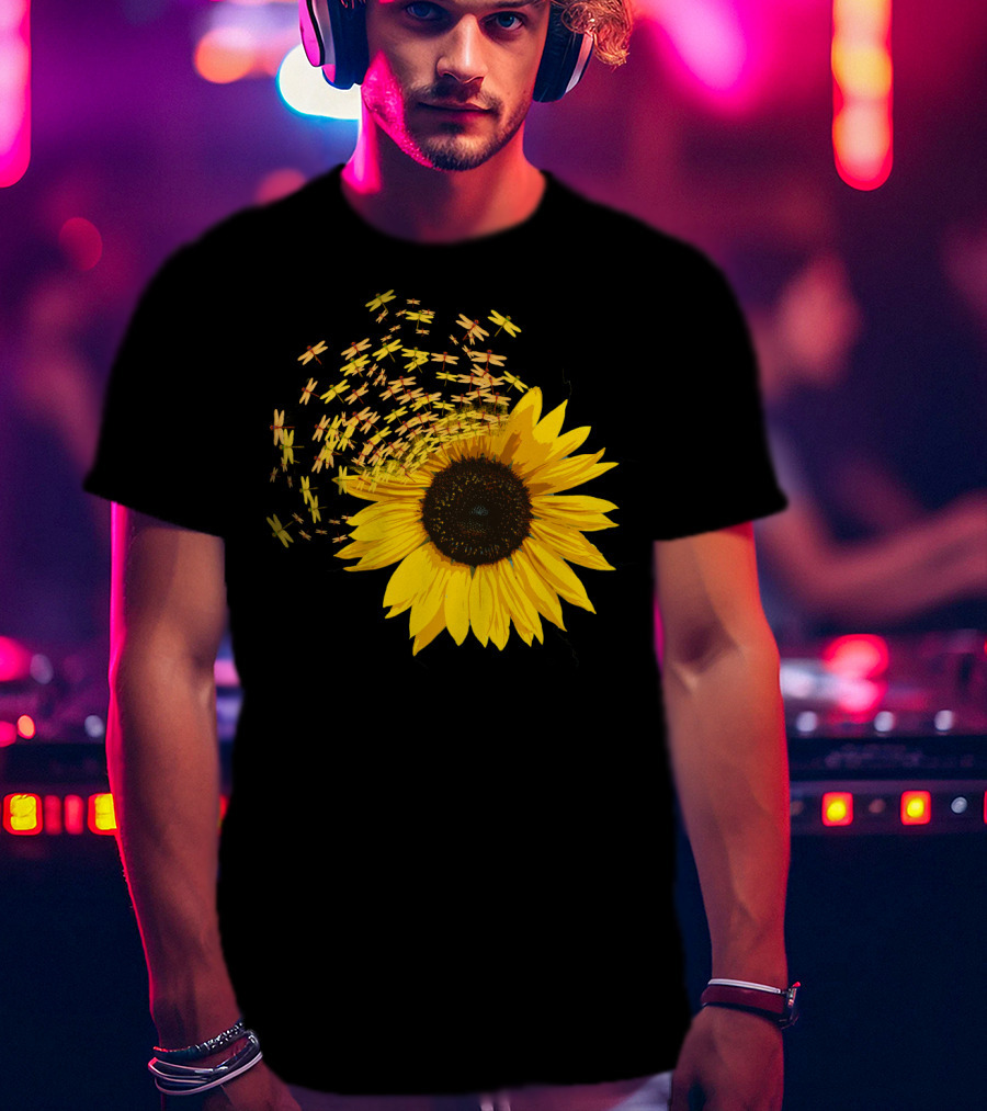 Sunflower Burst With Dragonflies Spiral T-Shirt