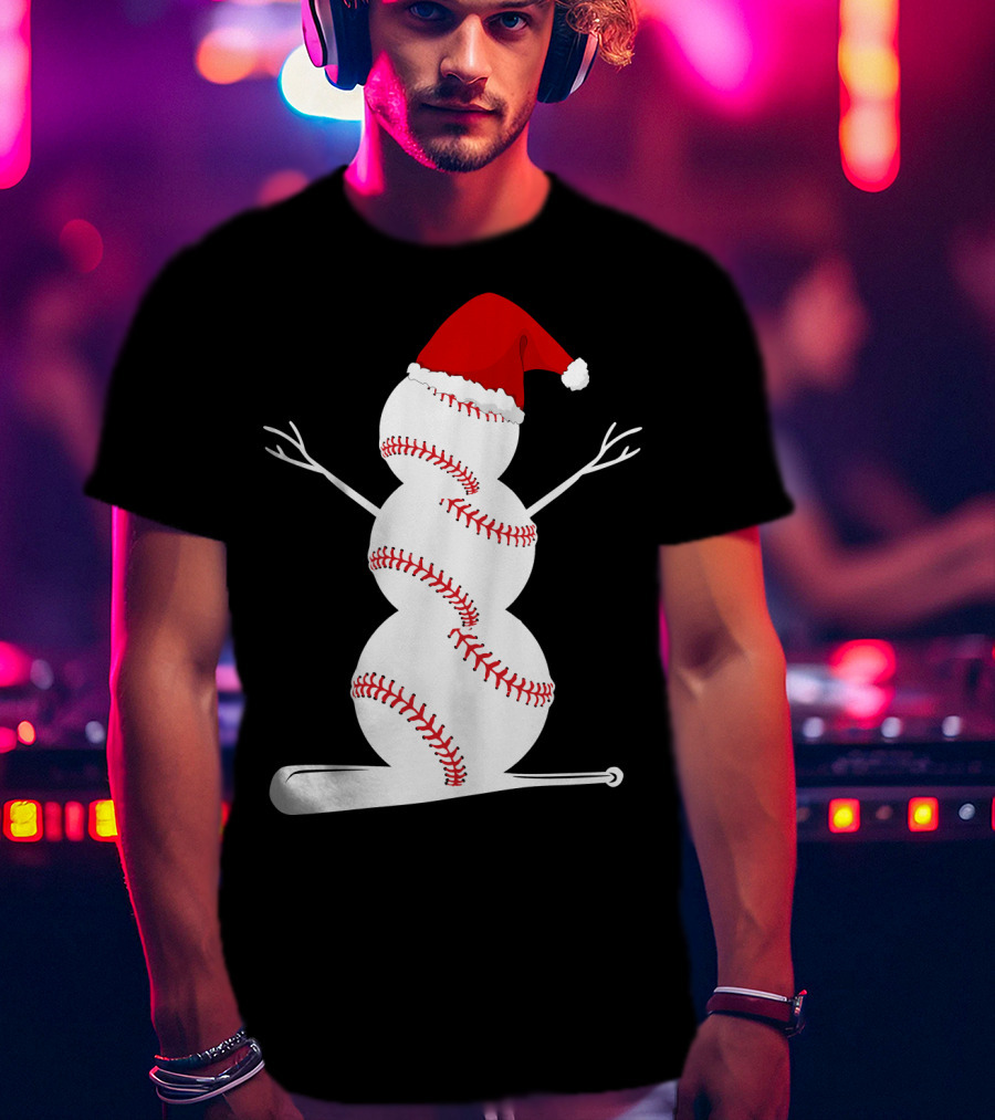 Baseball Snowman Santa Hat Bat Christmas BA01 T-Shirt