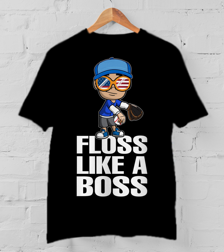 Floss Like A Boss Baseball Player American Flag Sunglasses T-Shirt