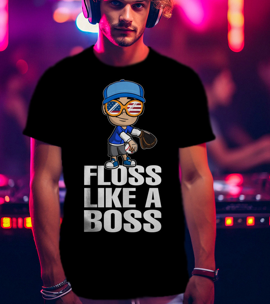 Floss Like A Boss Baseball Player American Flag Sunglasses T-Shirt