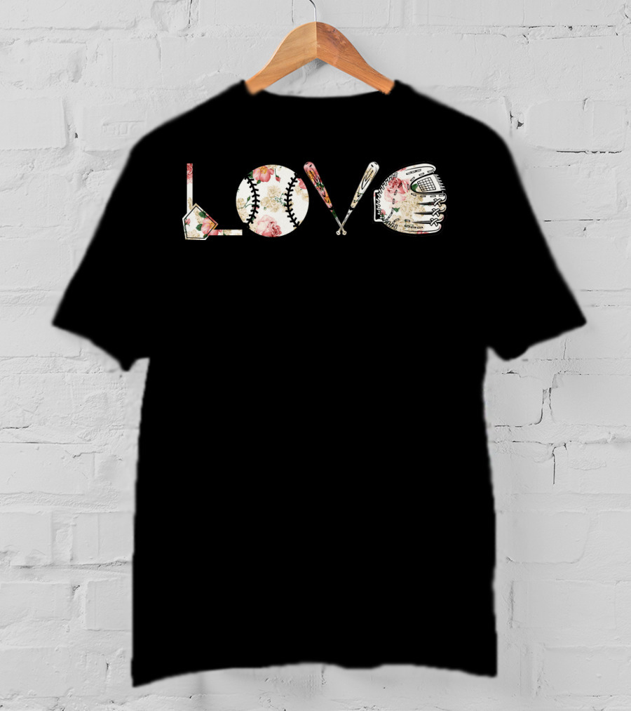 Love Baseball Floral Bat Glove Home Plate T-Shirt