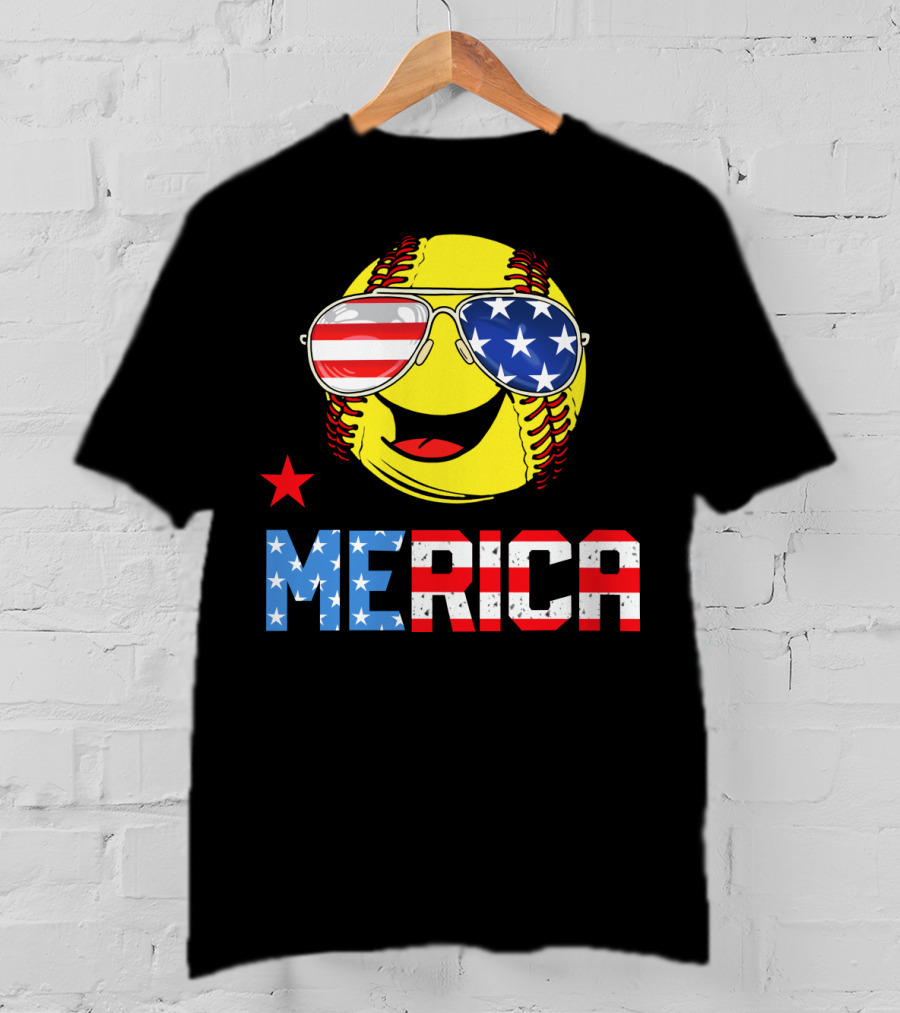Softball MERICA Smiling Baseball With American Flag Sunglasses T-Shirt