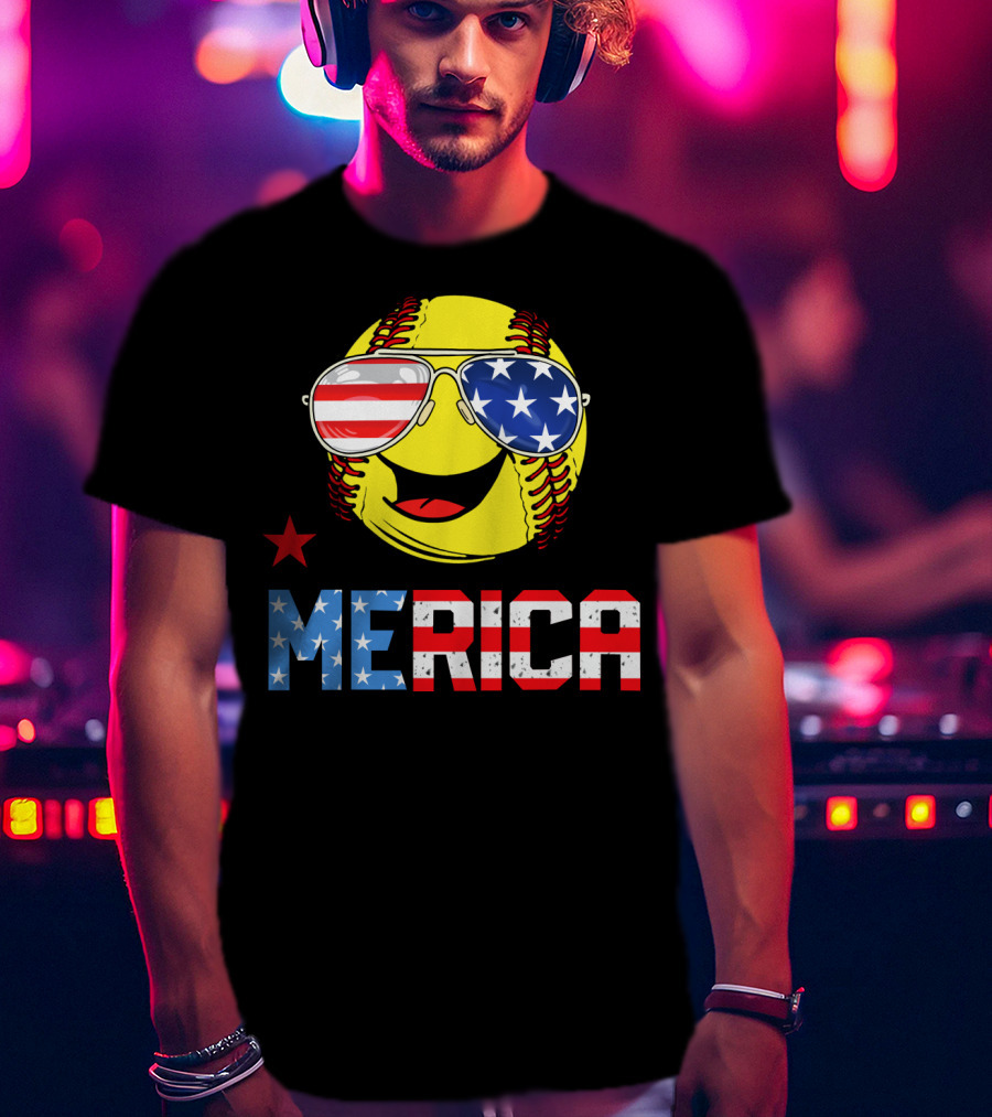 Softball MERICA Smiling Baseball With American Flag Sunglasses T-Shirt