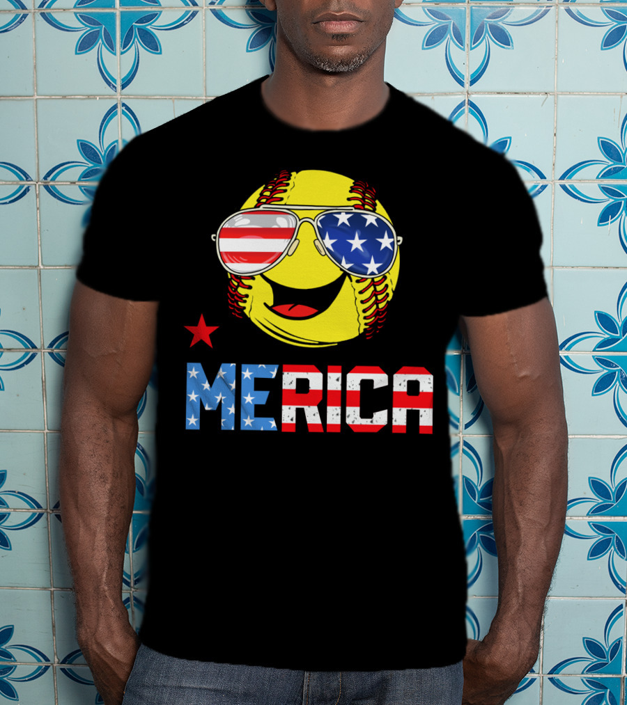 Softball MERICA Smiling Baseball With American Flag Sunglasses T-Shirt