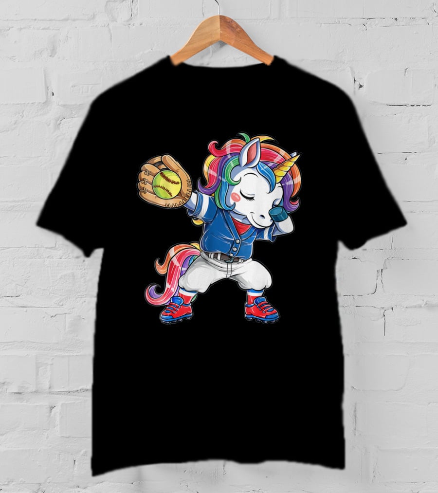 Unicorn Dabbing Rainbow Softball Player Catching Glove T-Shirt