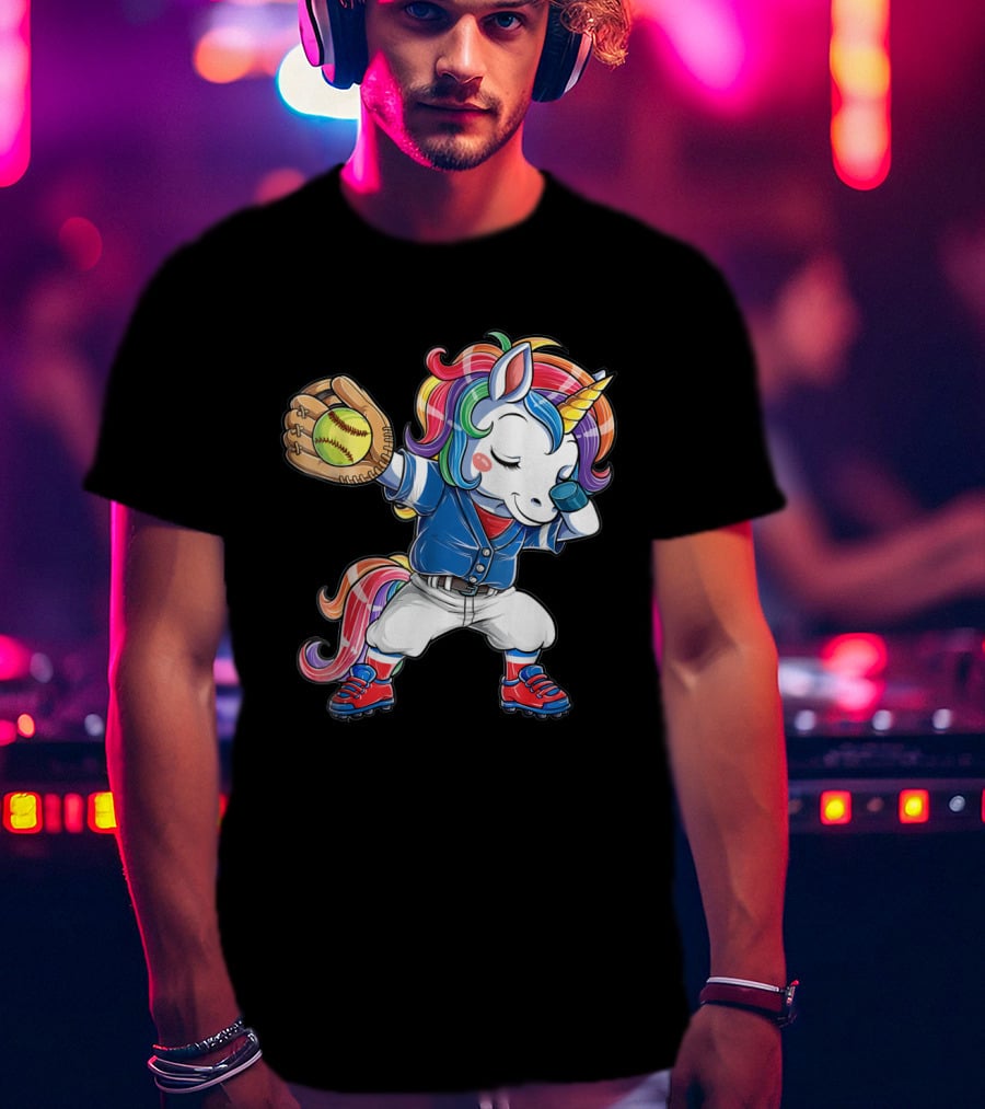 Unicorn Dabbing Rainbow Softball Player Catching Glove T-Shirt