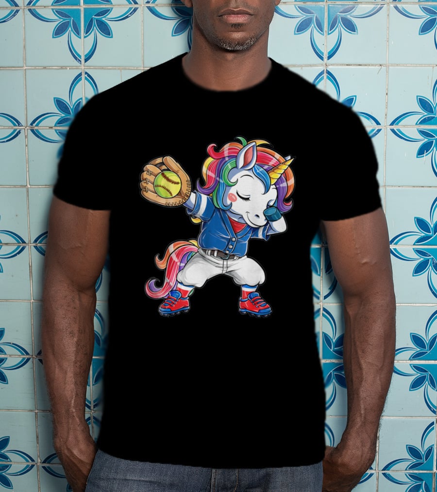 Unicorn Dabbing Rainbow Softball Player Catching Glove T-Shirt