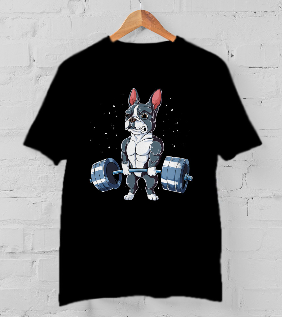 Weight Lifting Boston Terrier With Barbell T-Shirt
