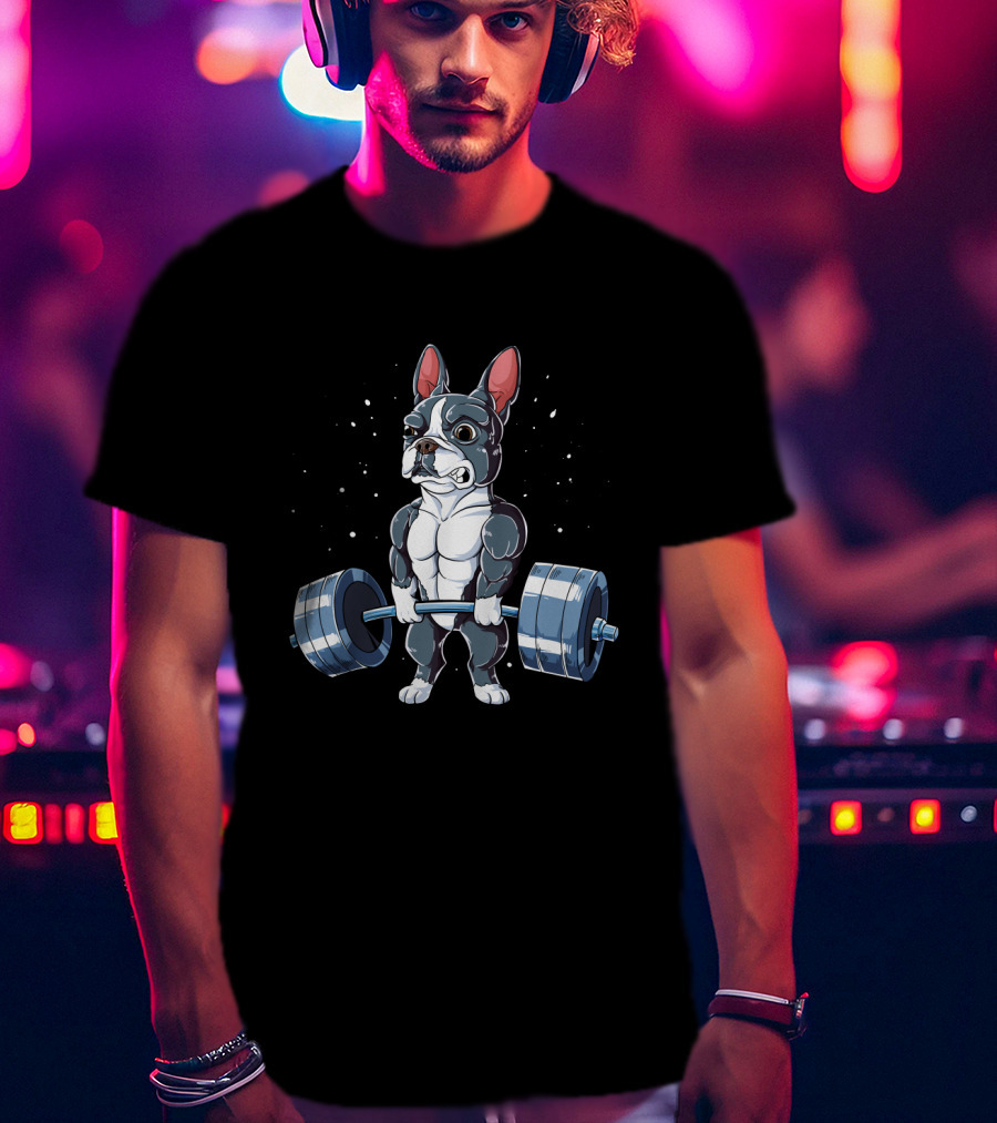 Weight Lifting Boston Terrier With Barbell T-Shirt