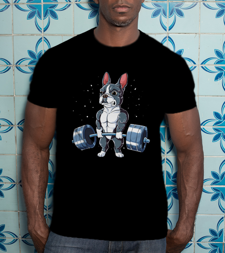 Weight Lifting Boston Terrier With Barbell T-Shirt