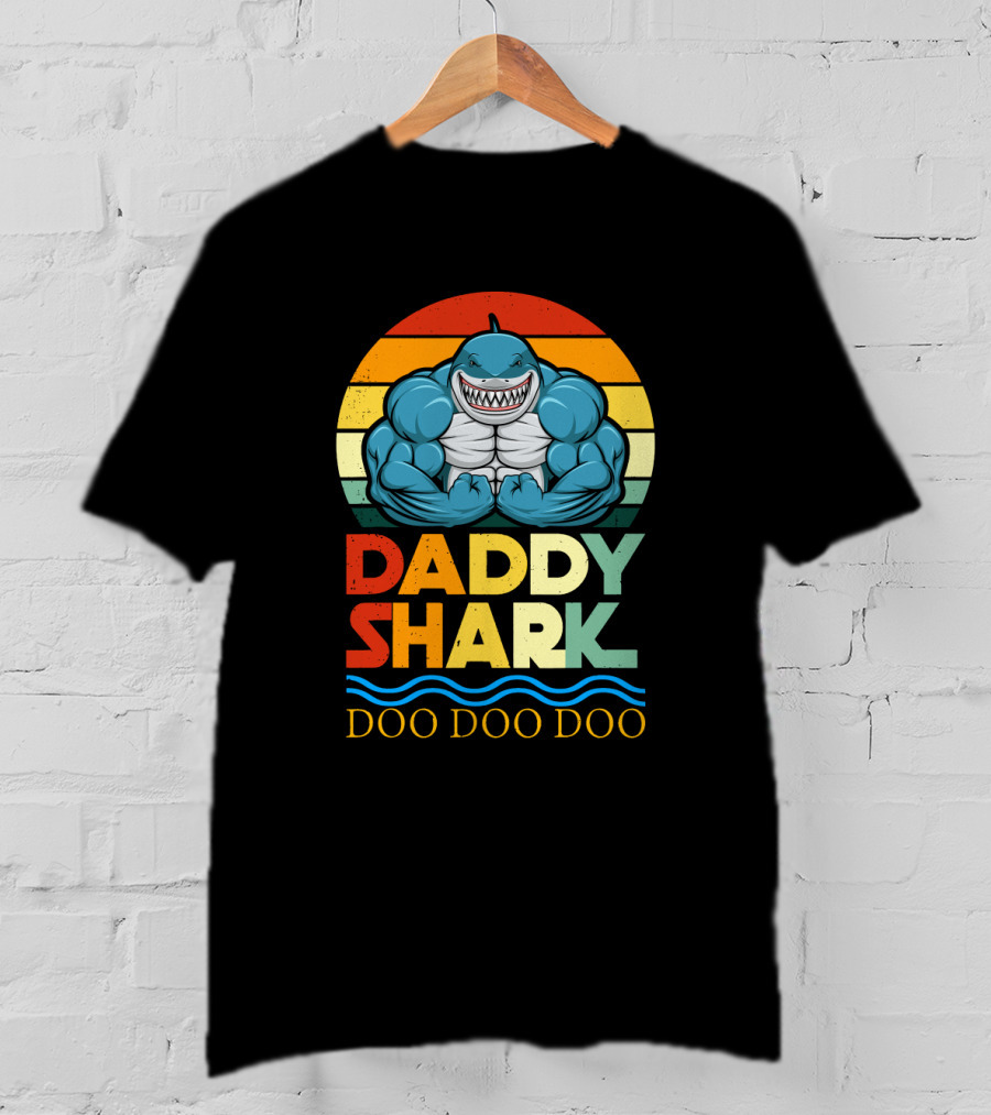 Daddy Shark Doo Doo Doo Retro Weight Lifting Shark T-Shirt