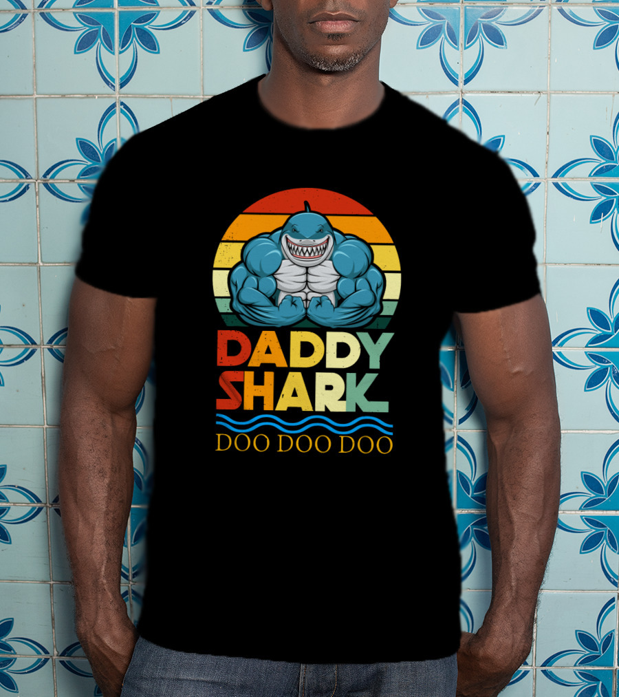 Daddy Shark Doo Doo Doo Retro Weight Lifting Shark T-Shirt