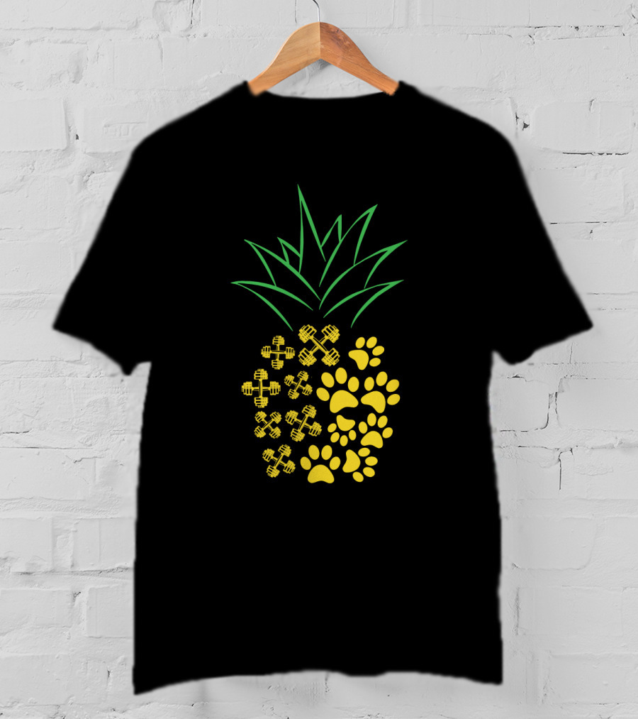 Weight Lifting Pineapple With Dumbbells And Paw Prints T-Shirt