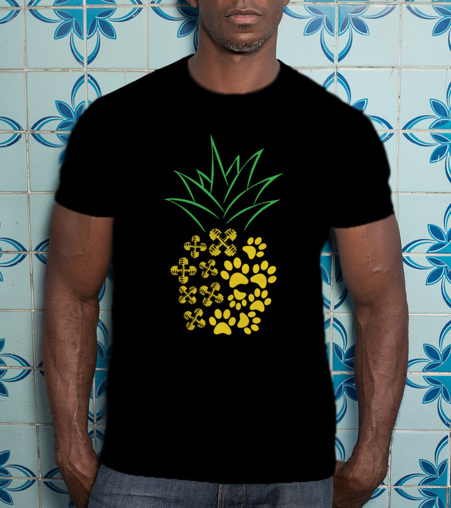 Weight Lifting Pineapple With Dumbbells And Paw Prints T-Shirt