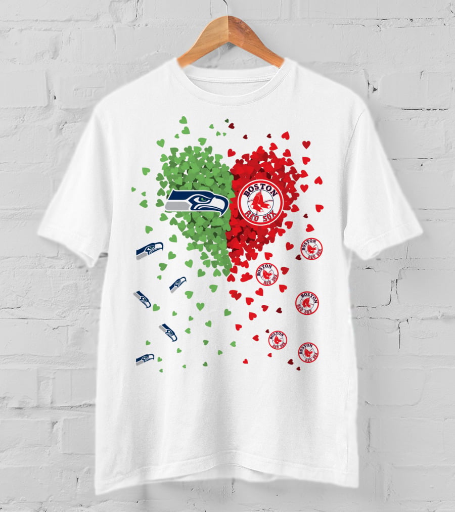 Seahawks And Boston Red Sox Heart Design With Logos And Symbols T-Shirt