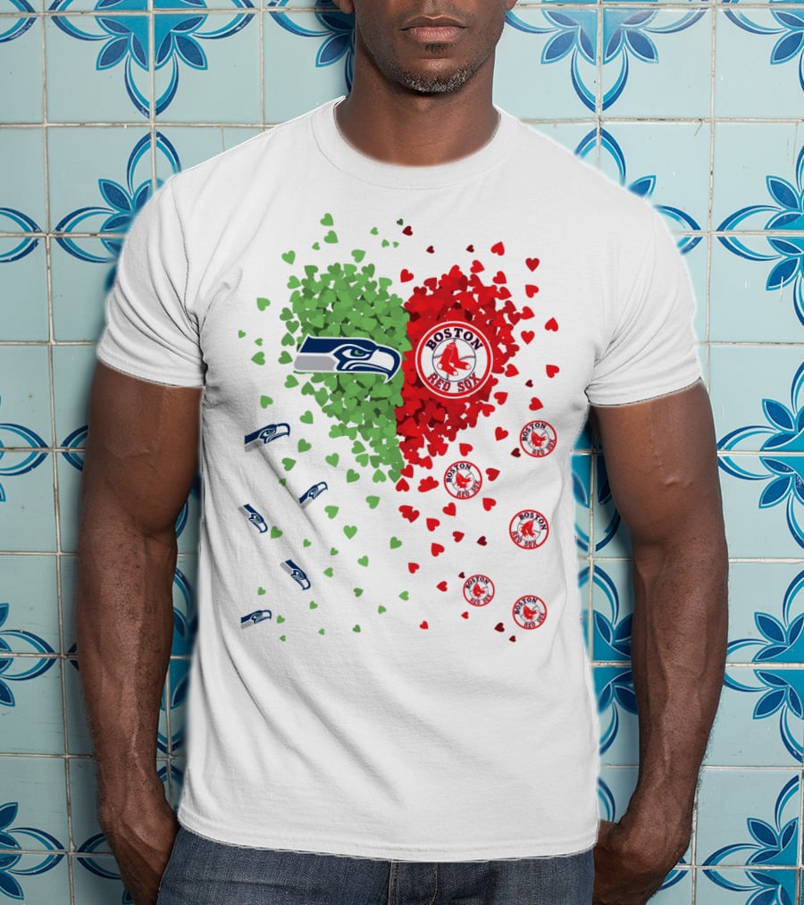 Seahawks And Boston Red Sox Heart Design With Logos And Symbols T-Shirt