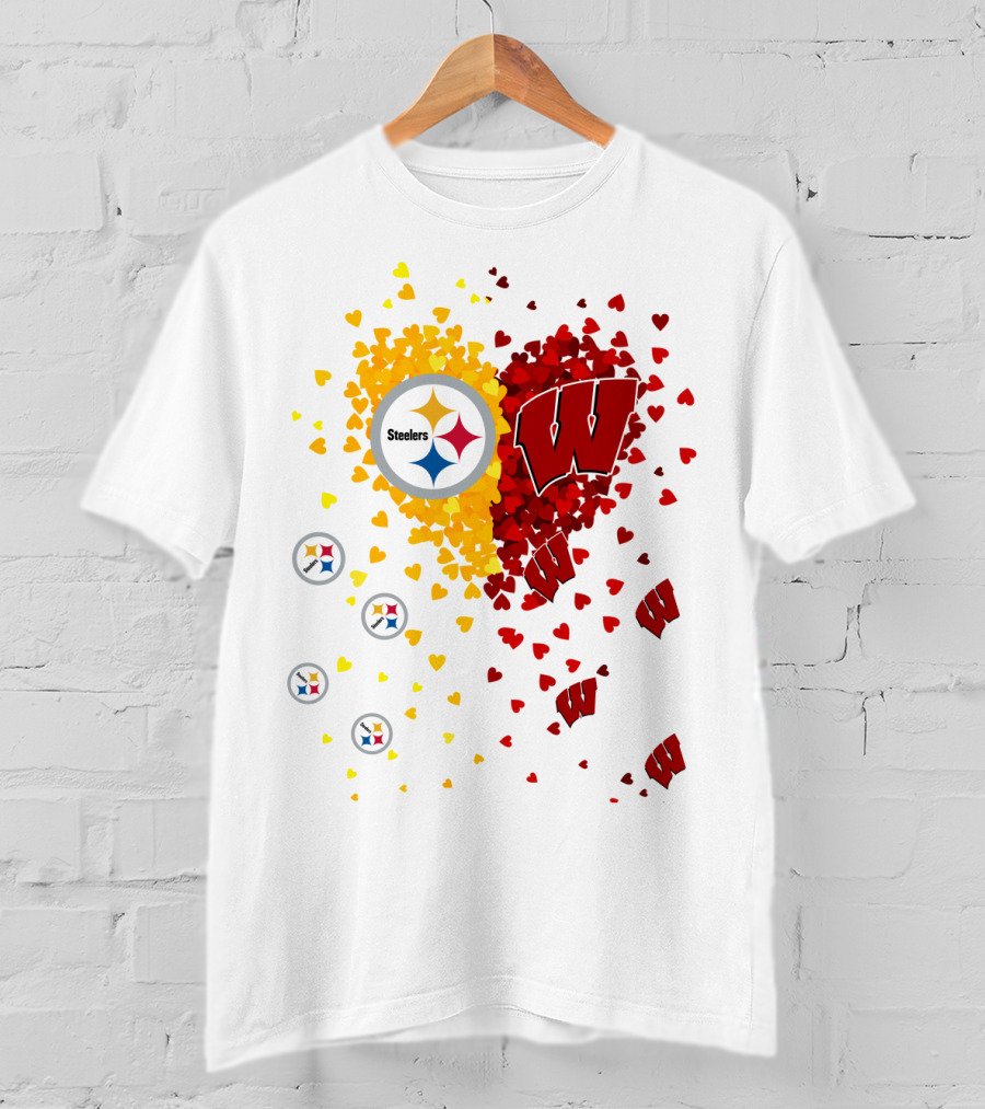 Steelers Logo And University Of Wisconsin Badgers Heart Design Featuring Yellow And Red Hearts T-Shirt