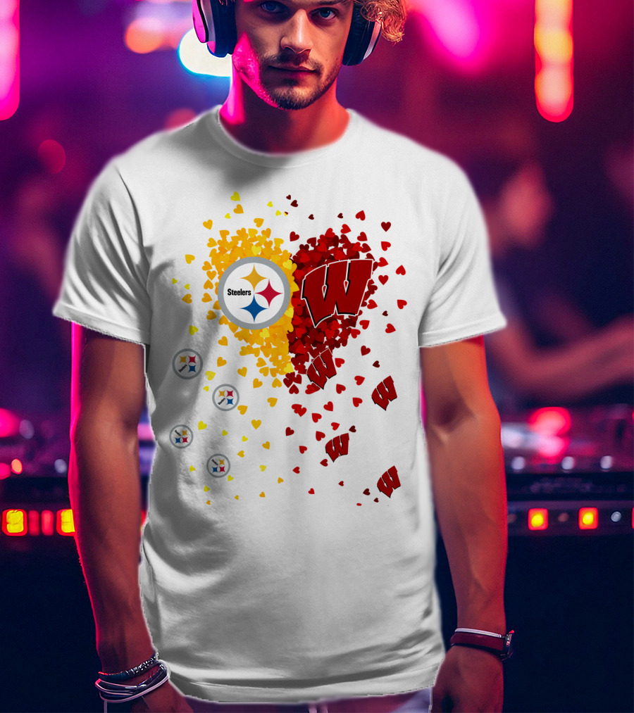 Steelers Logo And University Of Wisconsin Badgers Heart Design Featuring Yellow And Red Hearts T-Shirt