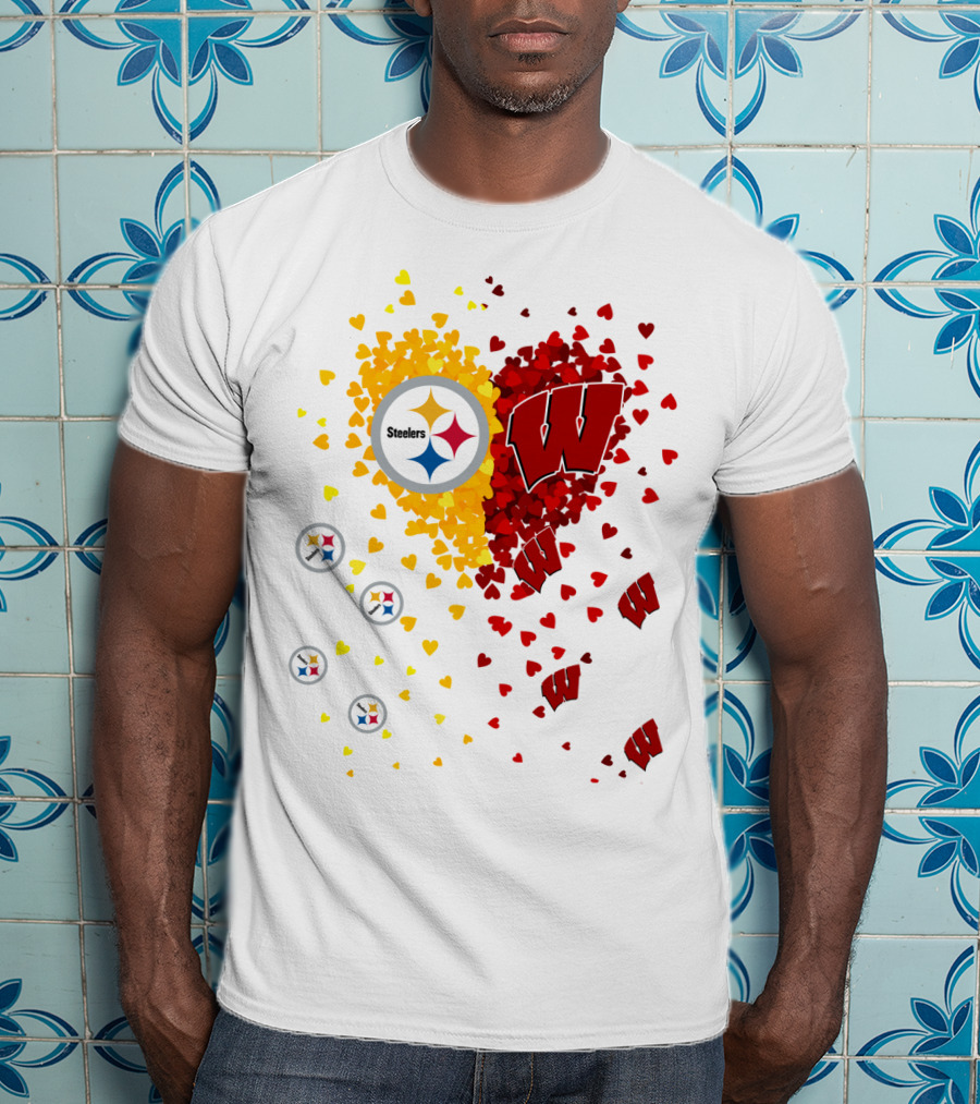 Steelers Logo And University Of Wisconsin Badgers Heart Design Featuring Yellow And Red Hearts T-Shirt