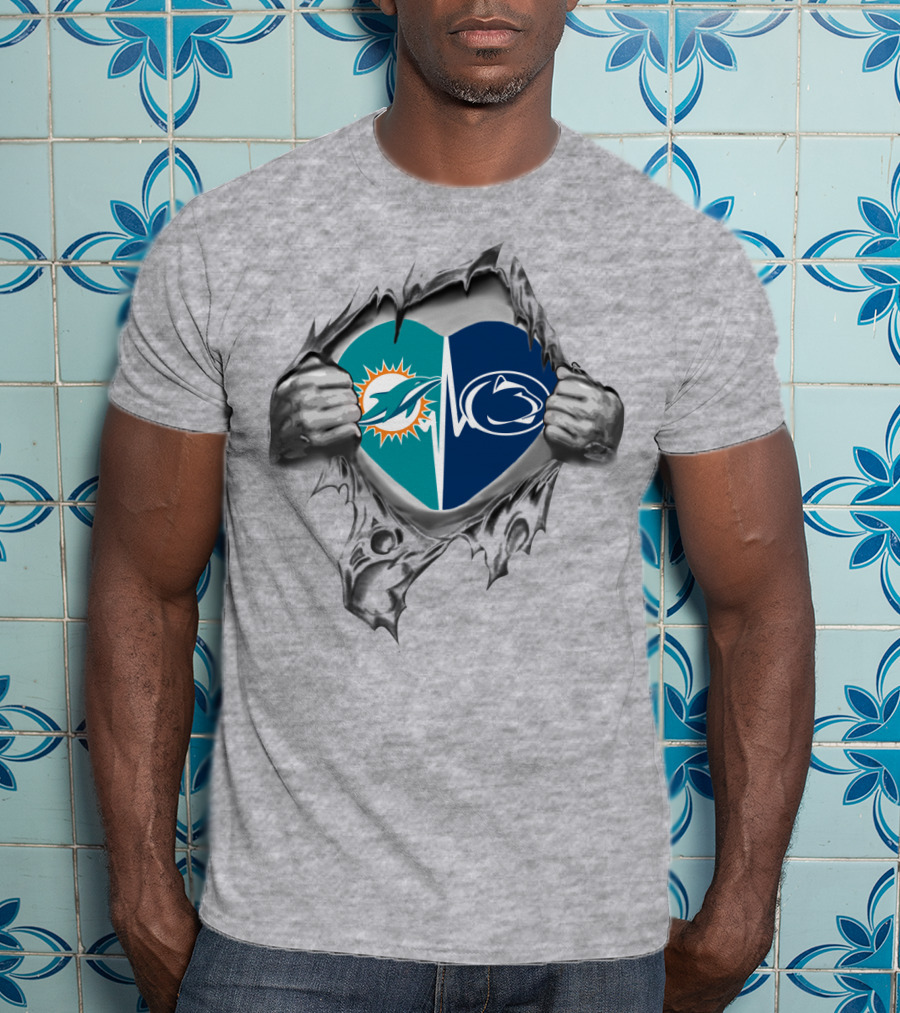 Miami Dolphins Penn State Split Heart Torn Ripped Chest T-Shirt