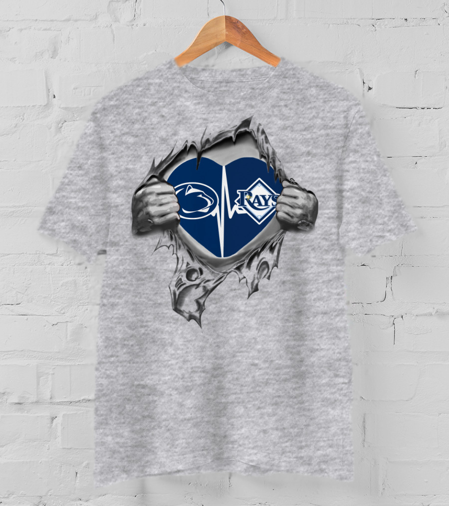 Tampa Bay Rays Penn State Heartbeat Design With Hands Tearing Grey Background T-Shirt