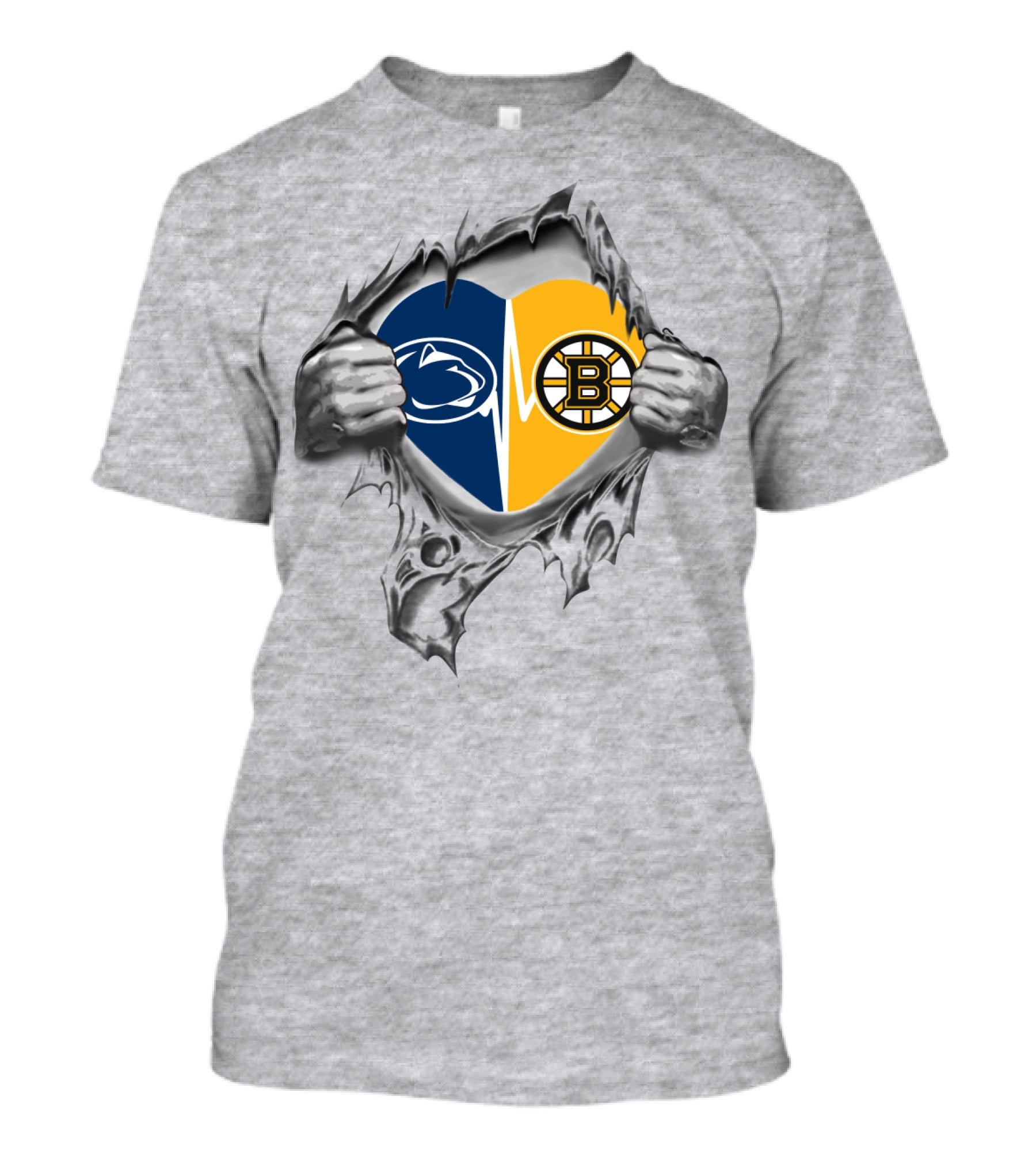Boston Bruins Penn State Heart Design With Split Logos And Ripped Background T-Shirt