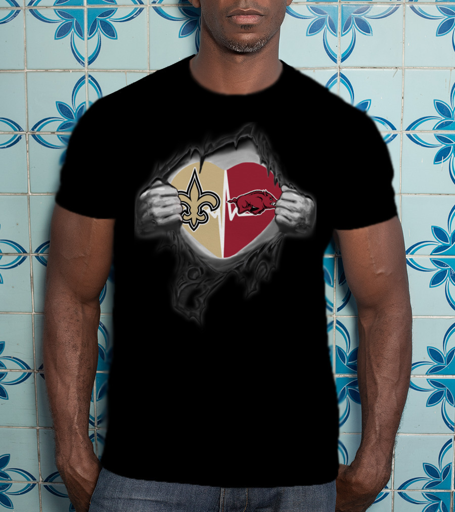 New Orleans Saints Arkansas Razorbacks Heartbeat Loyalty Fan Crossover T-Shirt