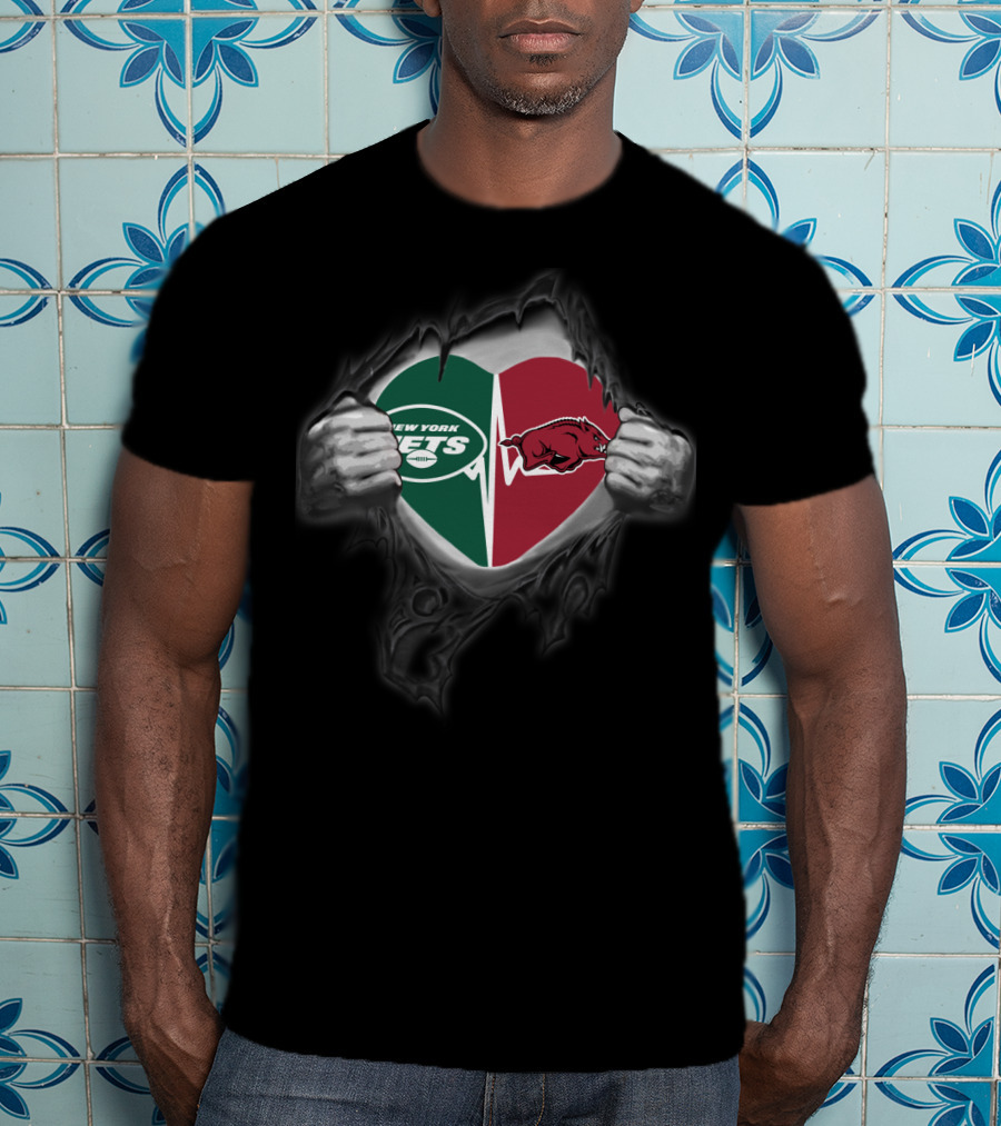 New York Jets Arkansas Razorbacks Heart Torn T-Shirt