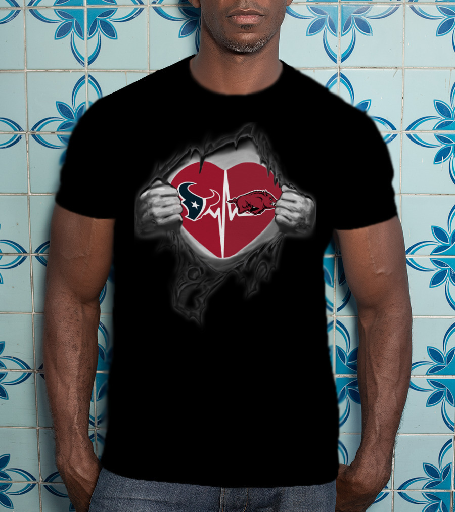 Houston Texans Arkansas Razorbacks Heartbeat Football Fan Pride T-Shirt