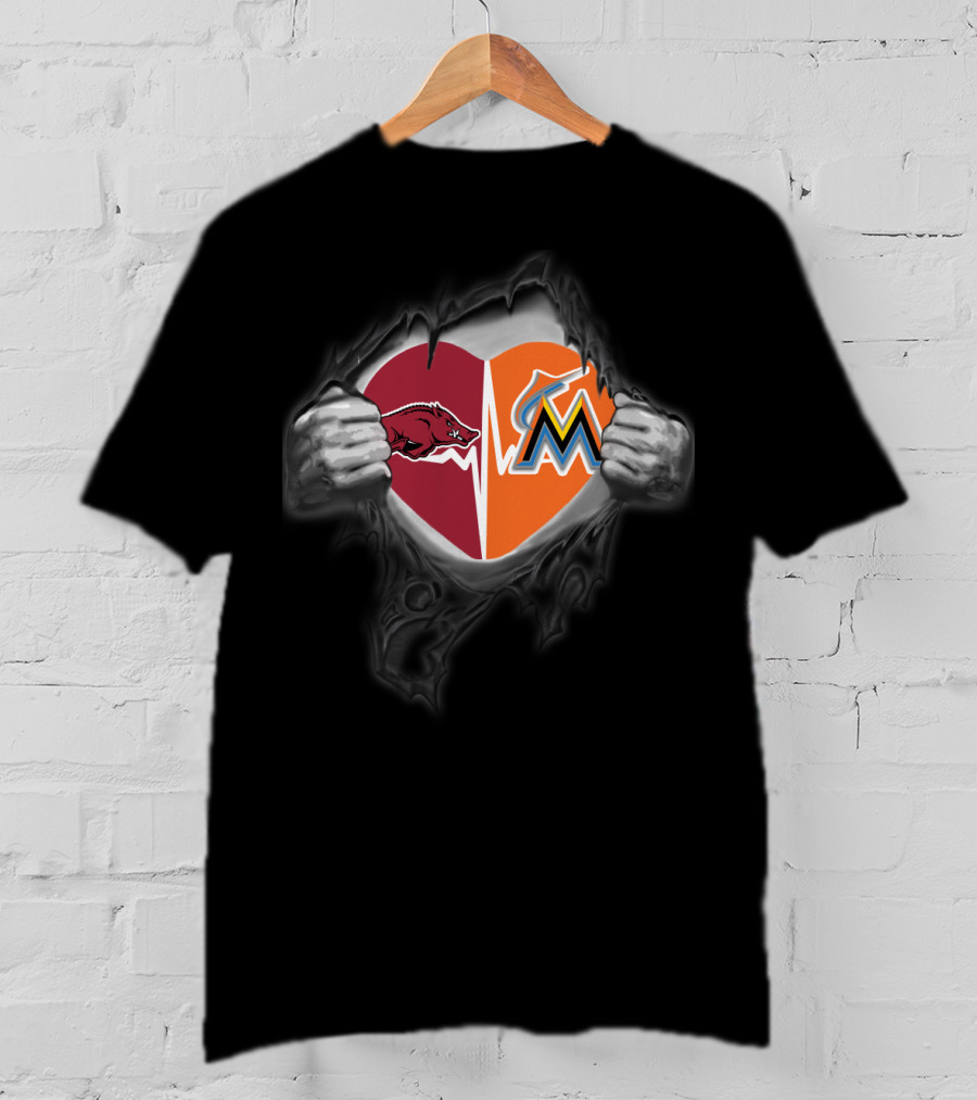 Arkansas Razorbacks Miami Marlins Heart Rip T-Shirt
