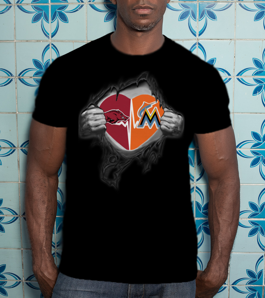Arkansas Razorbacks Miami Marlins Heart Rip T-Shirt