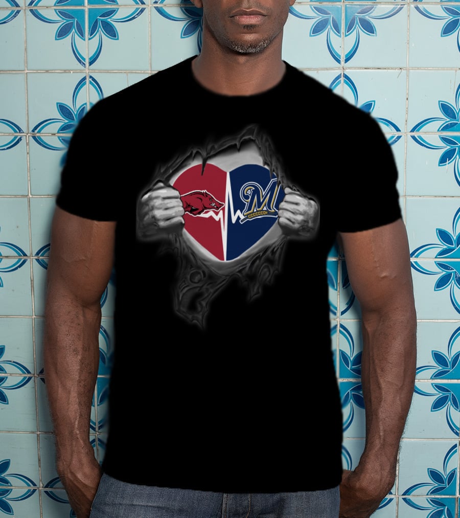 Arkansas Razorbacks Milwaukee Brewers Heart Logo Fusion T-Shirt
