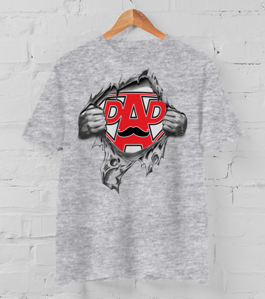 Super Dad Hero Shield With Mustache And Torn Fabric Effect T-Shirt