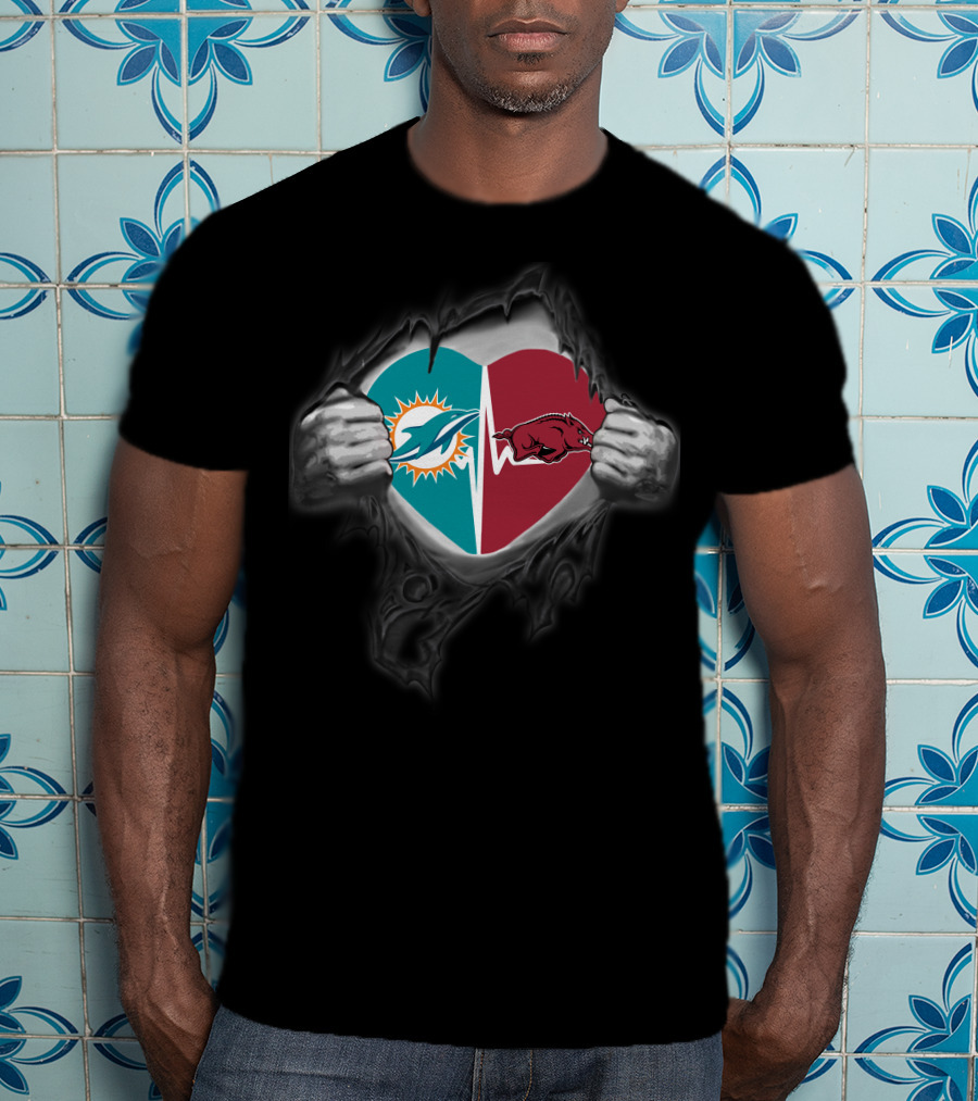 Miami Dolphins Arkansas Razorbacks Heart Ripped T-Shirt