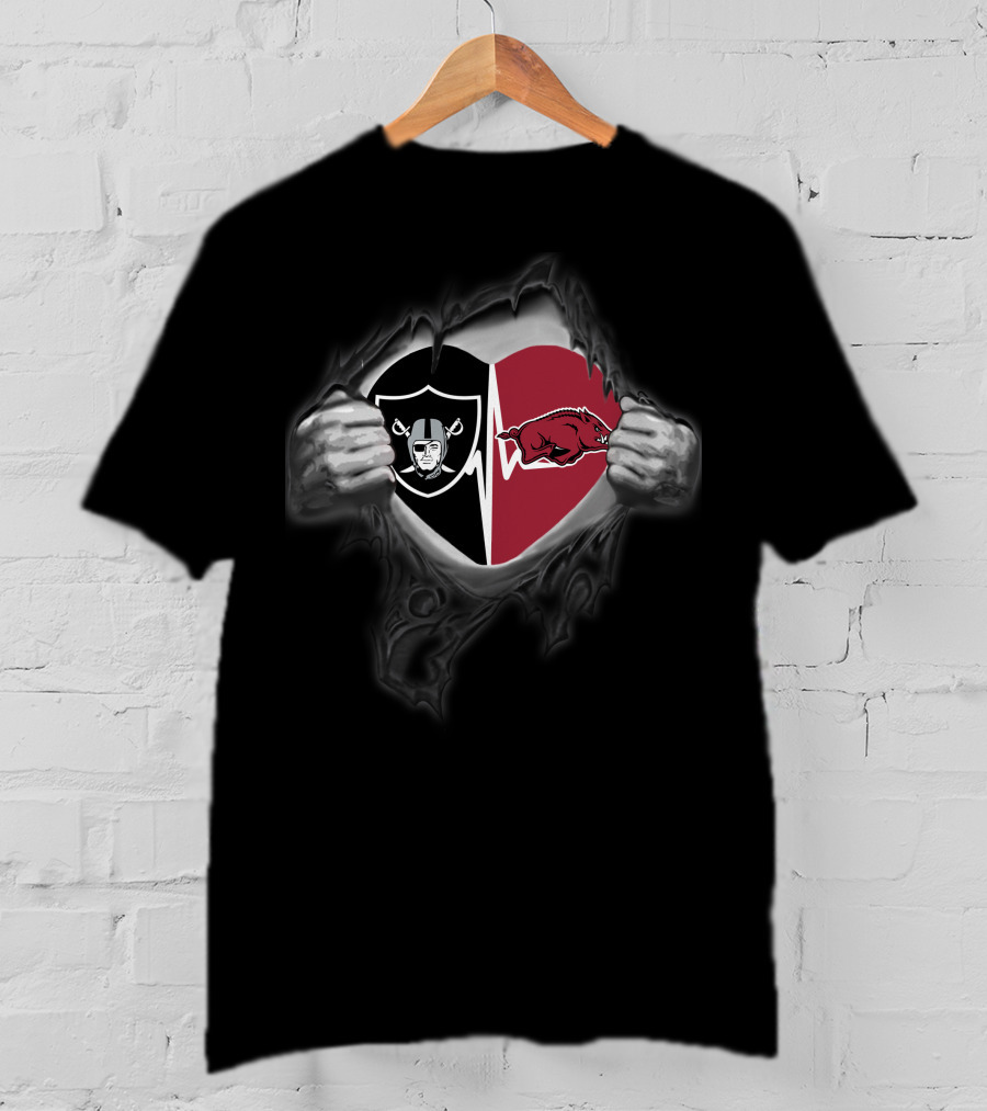 Oakland Raiders Arkansas Razorbacks Heartbeat Fan T-Shirt