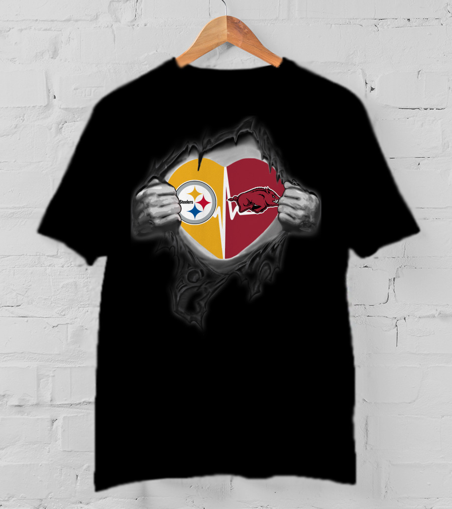 Pittsburgh Steelers Arkansas Razorbacks Heartbeat Logo Fusion T-Shirt