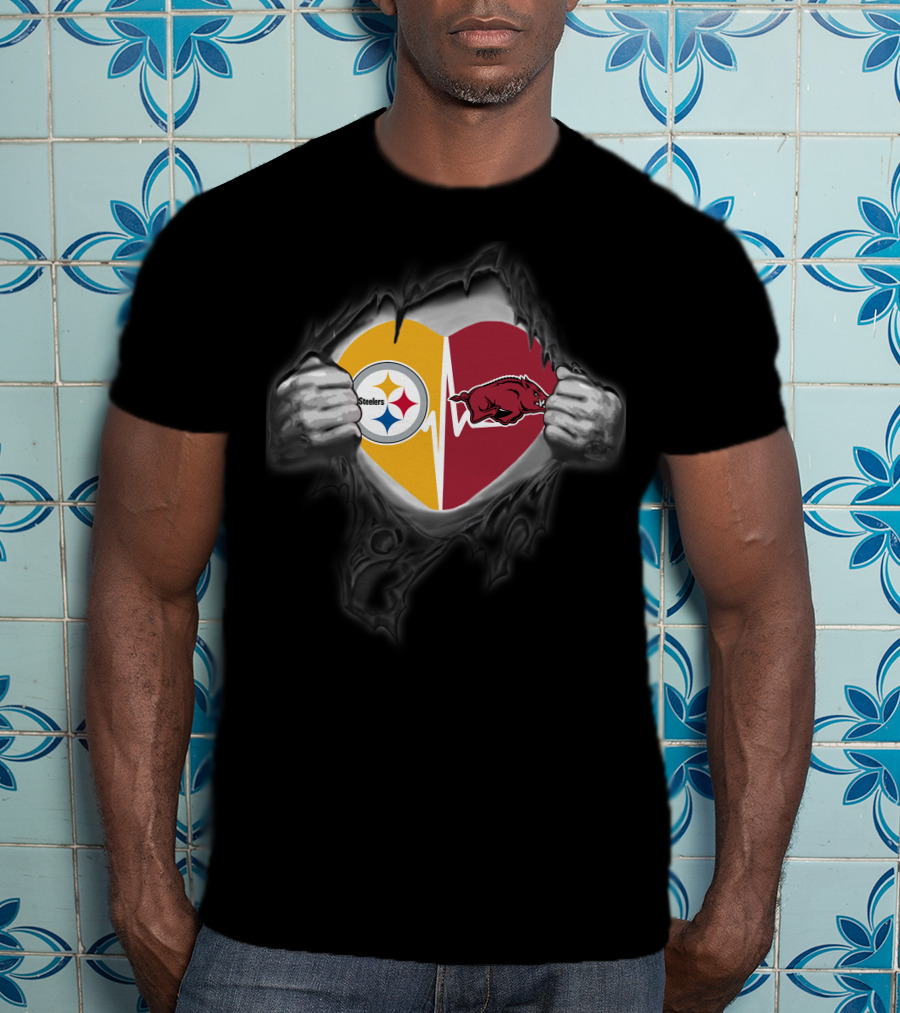 Pittsburgh Steelers Arkansas Razorbacks Heartbeat Logo Fusion T-Shirt