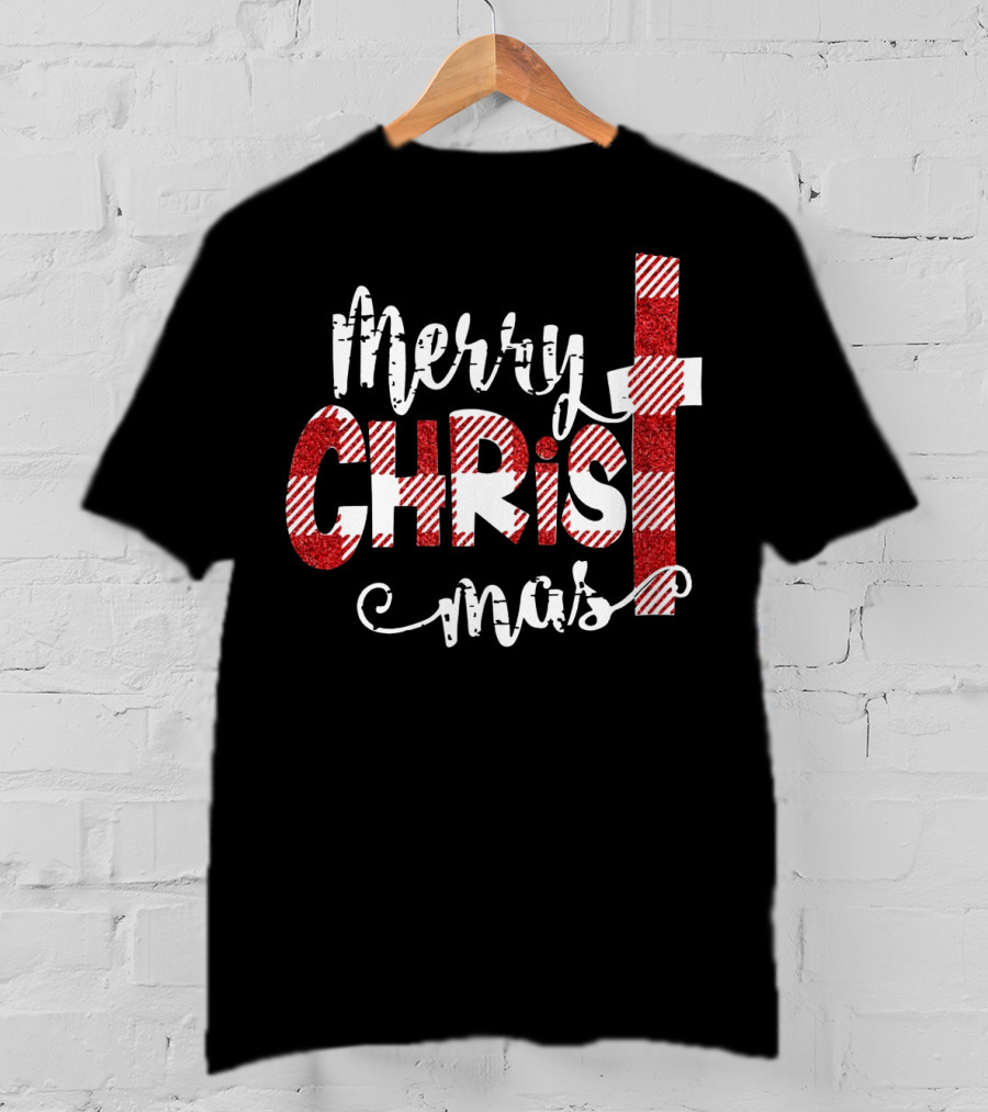 Merry Christ Mas Striped Cross Red Glitter T-Shirt