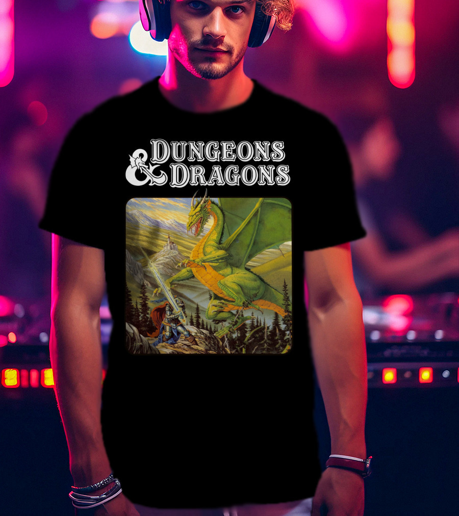 Dungeons And Dragons Knight Battling Green Dragon Scene T-Shirt