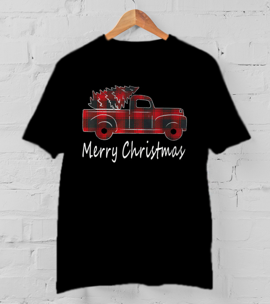 Buffalo Plaid Merry Christmas Red Truck And Tree T-Shirt