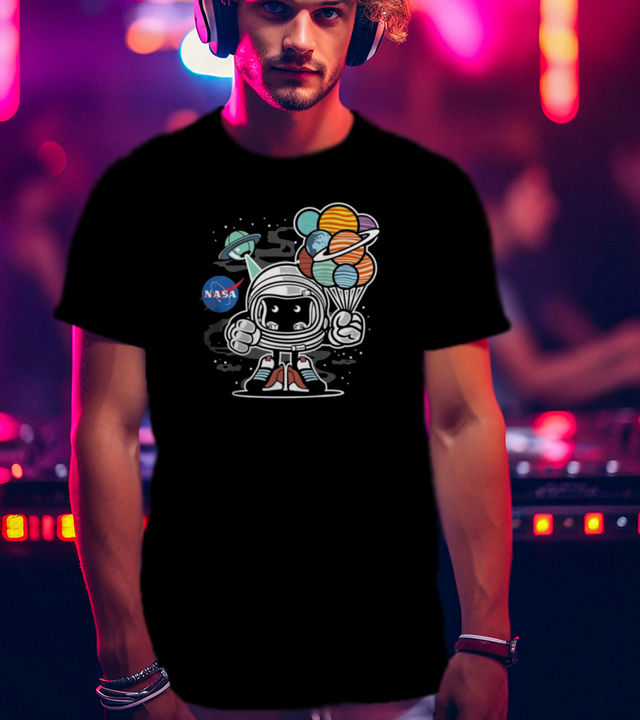 NASA Astronaut Adventure Holding Planet Balloons T-Shirt