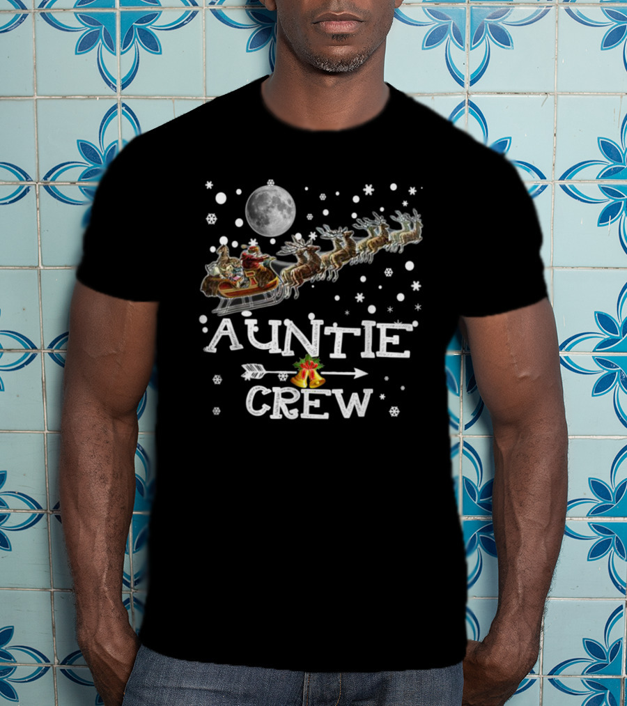 Auntie Crew Santa Reindeer Sleigh Under Full Moon T-Shirt
