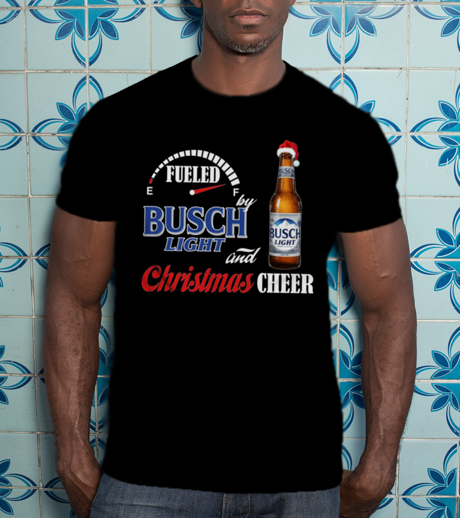 Fueled By Busch Light Christmas Cheer Beer Bottle Santa Hat T-Shirt