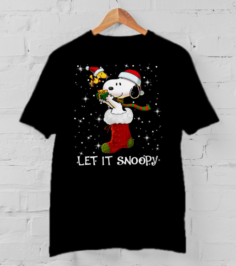 Let It Snoopy Snoopy In Christmas Sock With Santa Hat And Present T-Shirt
