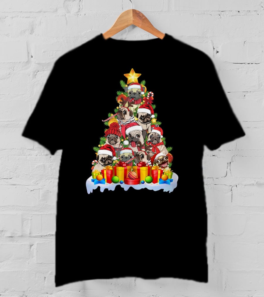 Pug Christmas Tree With Santa Hats And Presents T-Shirt