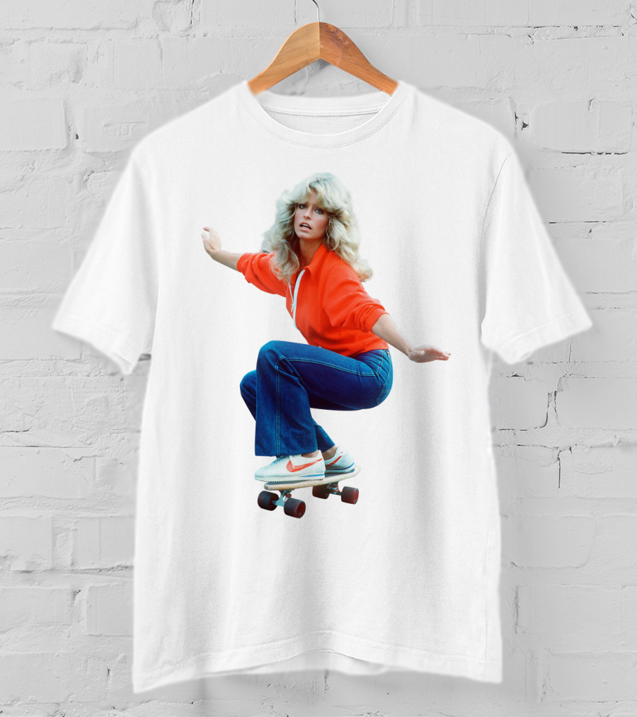 Farrah Fawcett Iconic Skateboarding Pose In Red Sweater And Sneakers T-Shirt