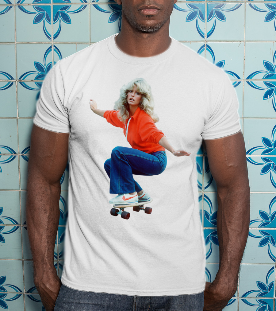 Farrah Fawcett Iconic Skateboarding Pose In Red Sweater And Sneakers T-Shirt