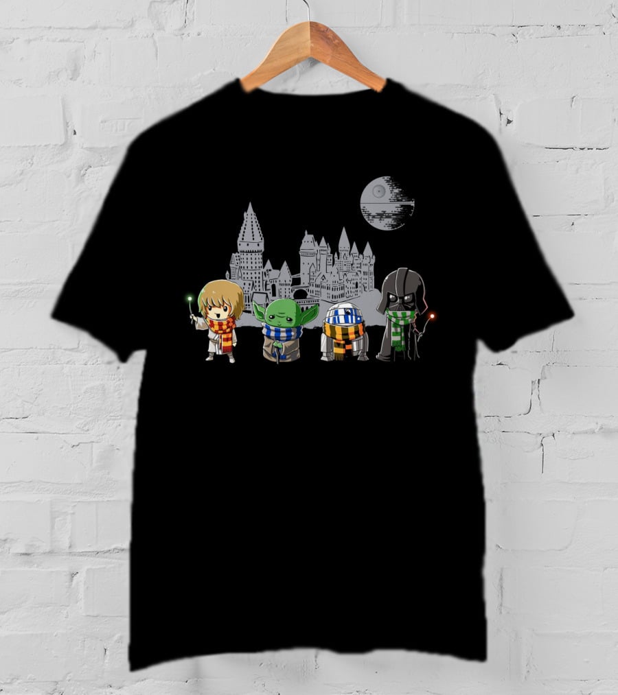Star Wars Hogwarts Crossover With Luke Yoda R2-D2 And Darth Vader In House Scarves T-Shirt