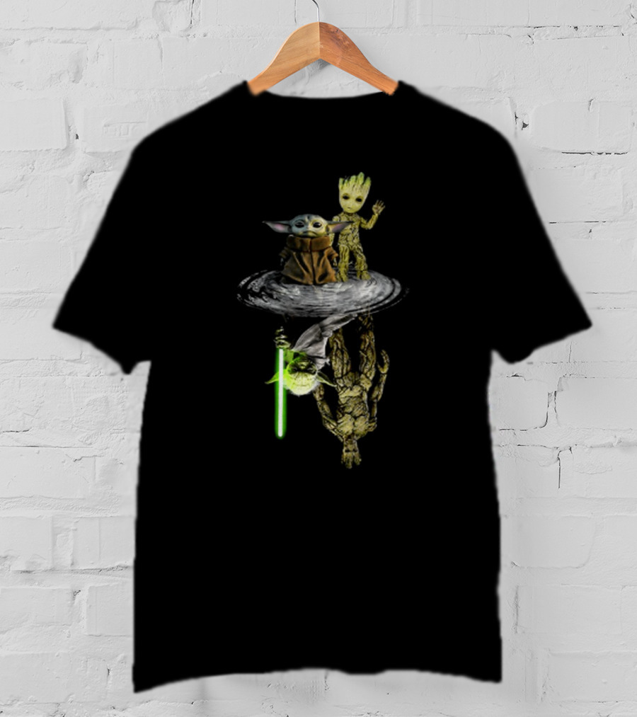 Baby Yoda And Baby Groot Reflection Master Yoda And Groot Lightsaber T-Shirt